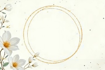 Elegant wedding invitation template featuring a soft ivory background, delicate white florals with golden stems, and a double golden circle frame. 