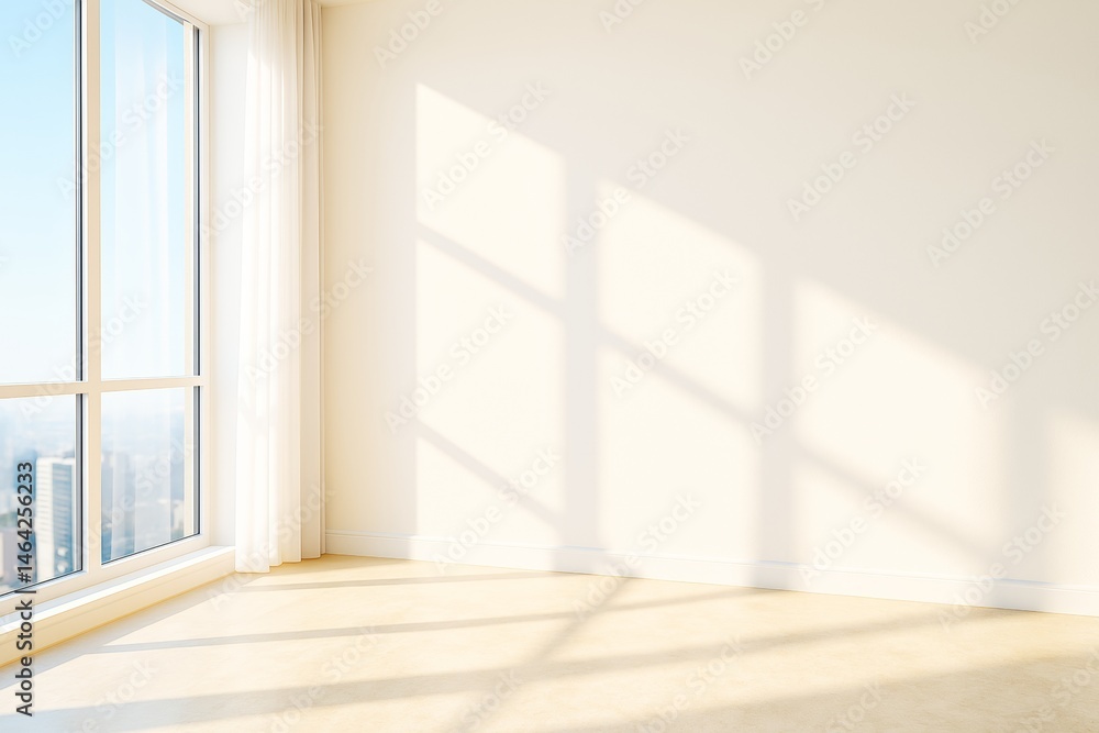Poster Empty bright modern room corner with large window and city view, sunlight casting shadows on clean walls and floor, perfect for design mockups.
