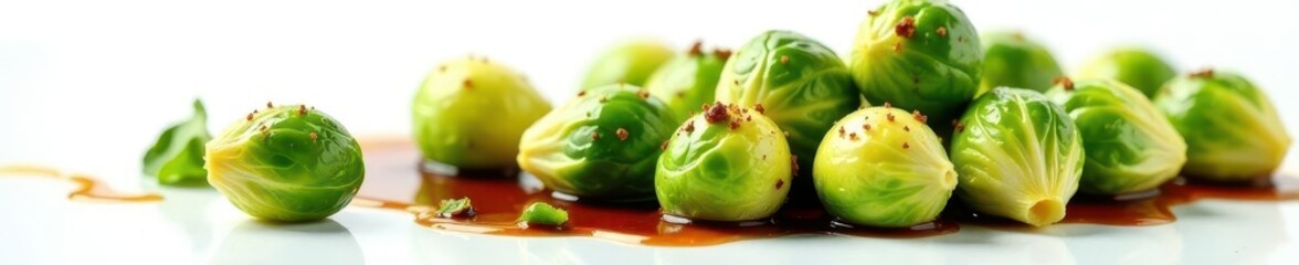 Crispy Brussels sprouts, shiny balsamic, white backdrop, closeup, crispy, glossy