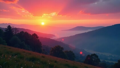 Obraz premium Glowing sunrise paints Indiana hills with warm hues Misty calm, magical light bathes the landscape , quiet, orange, beautiful