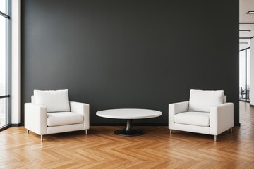 Modern black wall interior with two white armchairs and round table in corporate office waiting area with wooden parquet floor and window view.