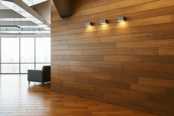 Modern office interior with wooden wall and spotlights, ideal for branding or poster mockup in corporate environment with city view windows.