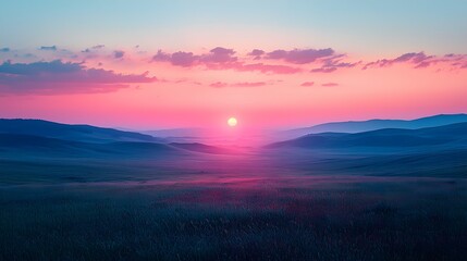 Fototapeta premium Vibrant sunset over rolling hills with pink and purple sky gradient and tall grass field