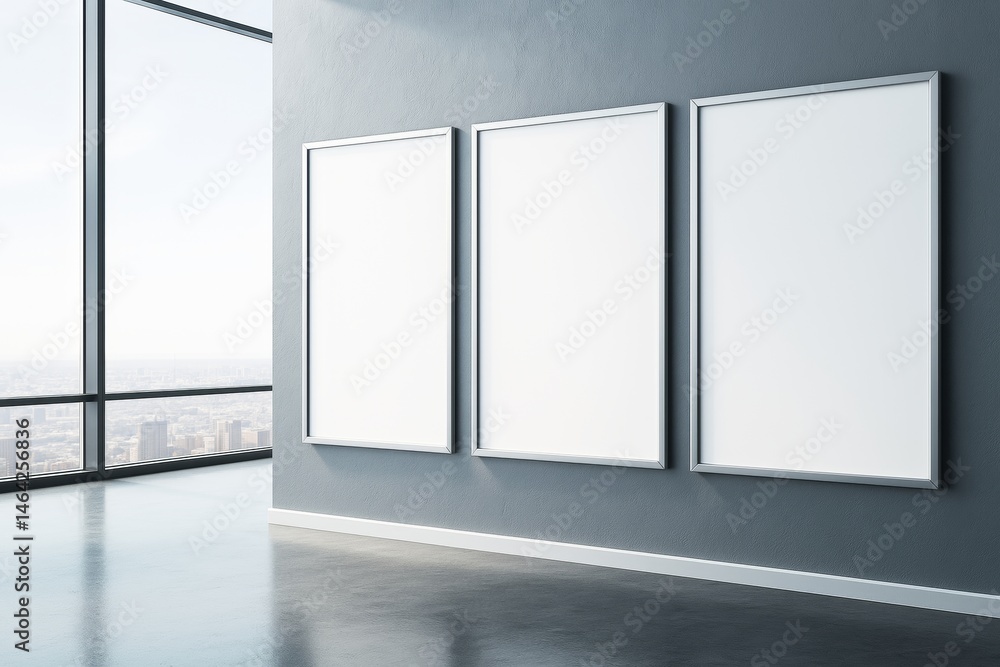 Aufkleber three vertical blank poster frames on dark wall inside modern room with large windows and city view 