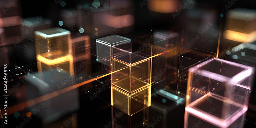 Aufkleber Abstract digital design with glowing cubes, colorful lines and dark background for modern technology and futuristic concepts in graphics and art.