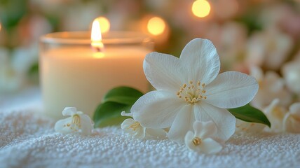 Tranquil Spa Still Life with Burning Candle and White Jasmine Flowers on Towel candle spa tranquil