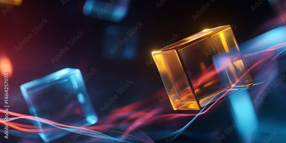 Poster Abstract digital design with glowing cubes, colorful lines and dark background for modern technology and futuristic concepts in graphics and art.