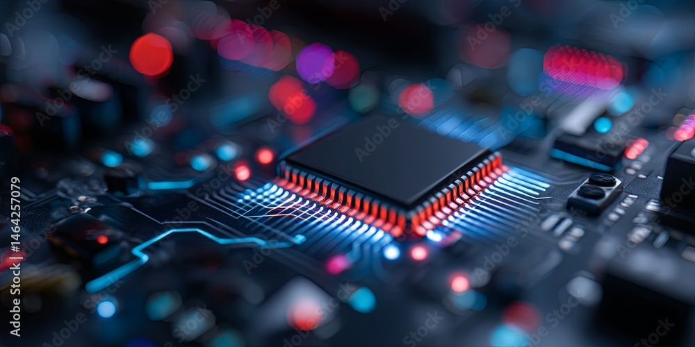 Poster High-Tech AI Chip on a Circuit Board with a Dark Background, Illuminated by Soft Neon Light, Representing Innovation and Modern Technology