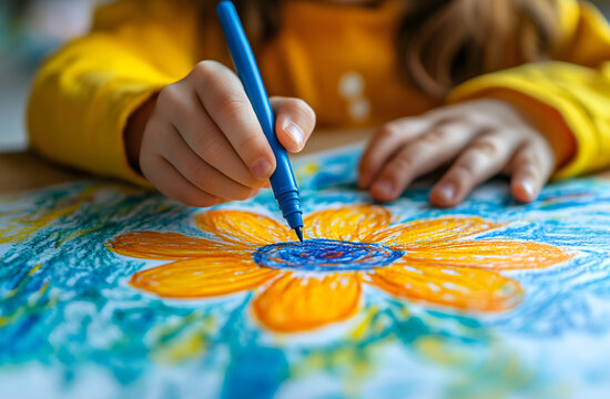Naklejki Close-up view child hands drawing flower with blue marker. Kid creates colorful art at summer camp or kindergarten. Learning about nature through creativity, eco-friendly craft concept.