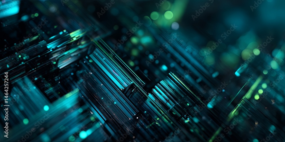 Poster abstract digital background with blue and green shapes, geometric patterns, and technology-inspired 