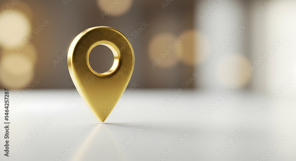 Poster golden location pin standing on white surface with bokeh background