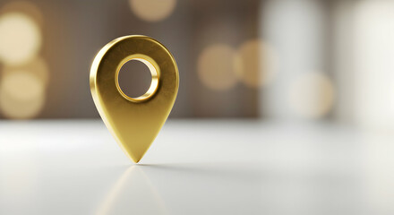 Golden Location Pin Standing on White Surface with Bokeh Background