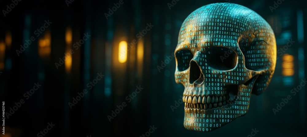 Fototapete Digital skull with binary code signifying cyber threat and hacking in abstract dark server room background with copyspace for cybersecurity concept.