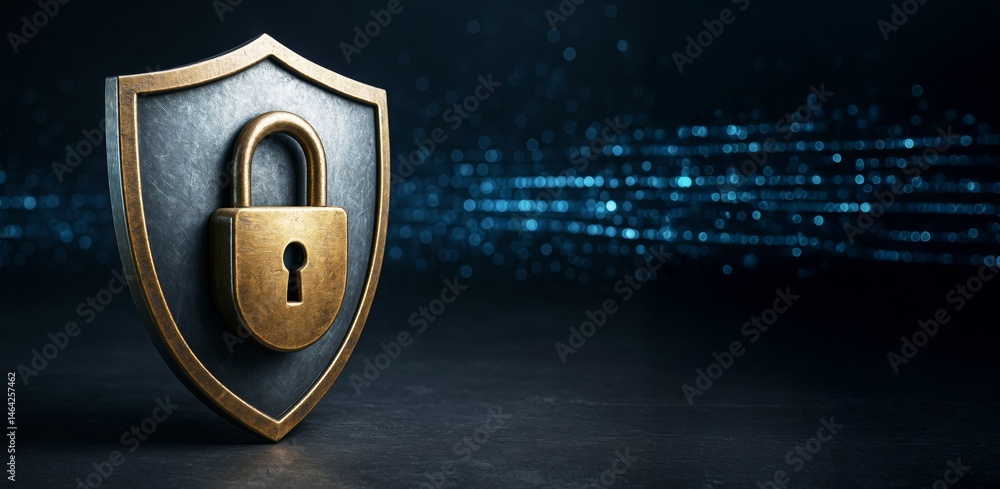 Poster Cybersecurity shield with padlock symbol on dark background with blue digital particles representing data protection and online privacy concept.