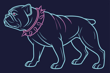 33 Neon bulldog, vibrant glowing lines, 3D render, colorful outline, dark background, retro-futuristic aesthetic, synthwave style, holographic effect, digital art, iridescent colors, cyberpunk dog, el