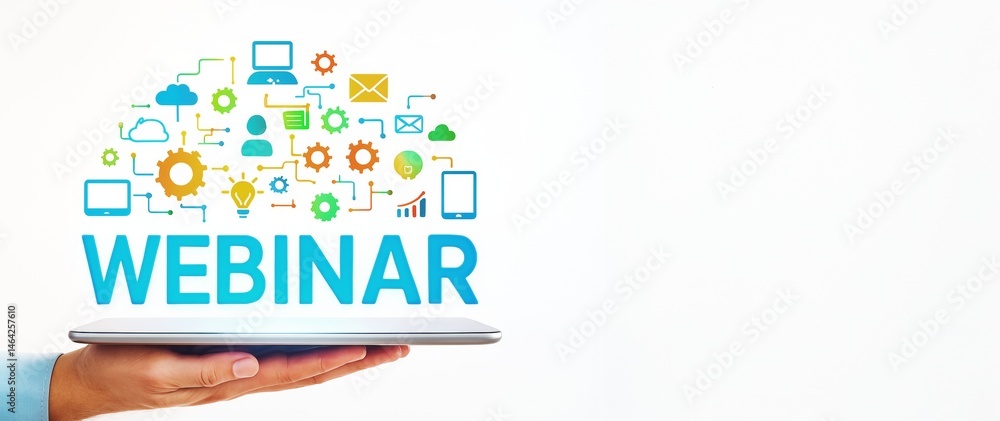 Poster Webinar concept with colorful digital icons above a tablet held by hand on a light background with copyspace for online presentation or service..