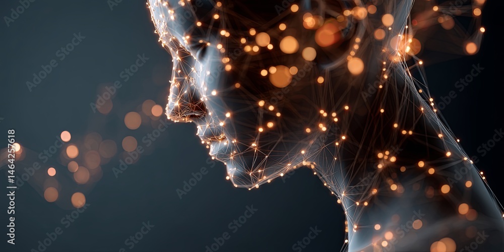 Fototapete Abstract Representation of Artificial Intelligence Concept with Neon Head Silhouette and Sparkling Connections in Dark Background