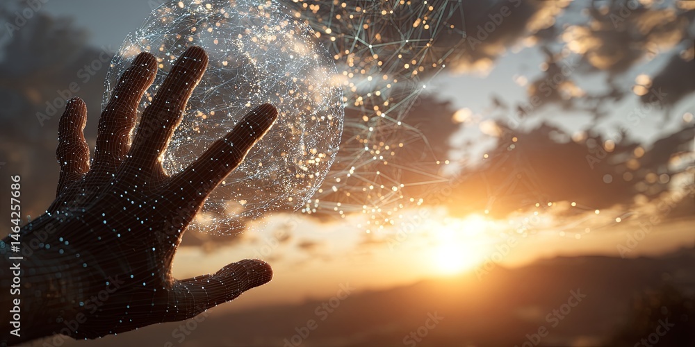 Aufkleber Hands Reaching Out to a Digital Sphere Representing Data and Connectivity Against a Beautiful Sunset Background