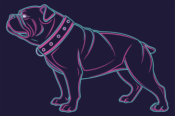 33 Neon bulldog, vibrant glowing lines, 3D render, colorful outline, dark background, retro-futuristic aesthetic, synthwave style, holographic effect, digital art, iridescent colors, cyberpunk dog, el