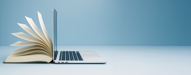 Open book and laptop placed back-to-back on a clean light blue background, symbolizing modern education and online learning concept.
