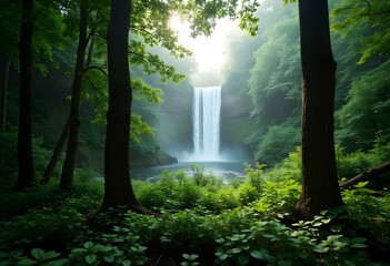 A breathtaking view of a cascading waterfall visible through a dense canopy of vibrant green trees in a tranquil forest. This stunning nature scene captures the perfect harmony between lush foliage