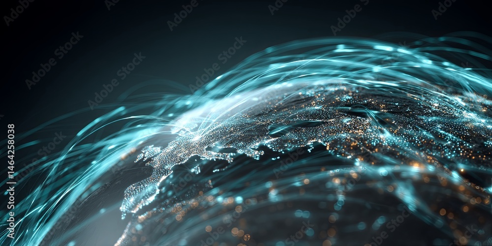 Poster Stunning Abstract Visualization of Earth in Space with Dynamic Light Trails and Glowing Data Streams Highlighting Global Connectivity and Technology