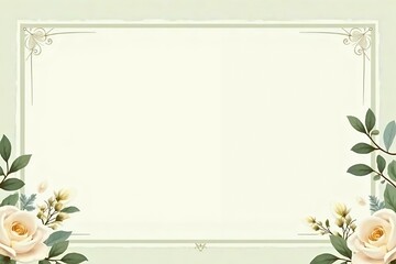 Fototapeta premium A soft ivory-toned wedding invitation template with pale green borders, featuring delicate golden floral accents and creamy white roses with soft greenery. 