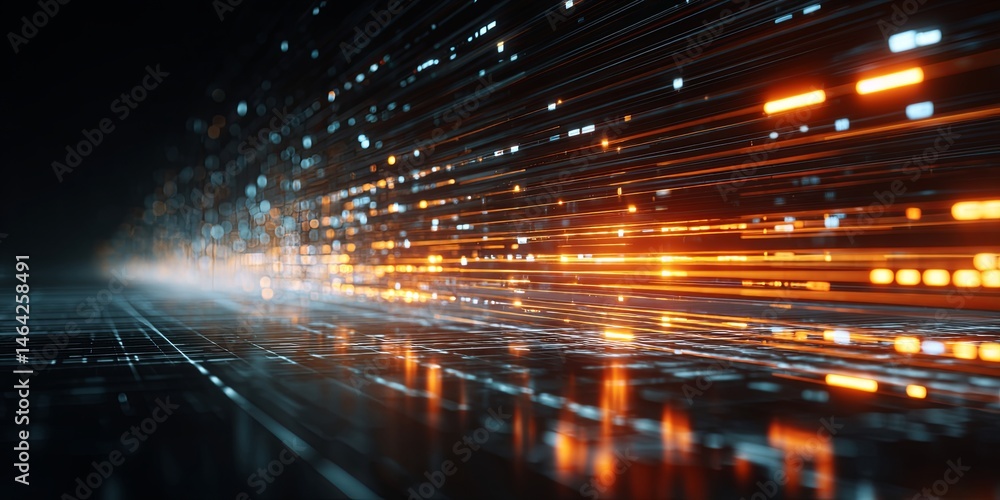 Poster Abstract representation of digital data flow with glowing binary code and vibrant light rays creating a futuristic technology background