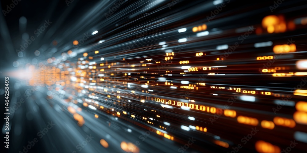 Aufkleber Abstract representation of digital data flow with glowing binary code and vibrant light rays creating a futuristic technology background