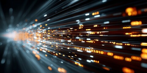 Abstract representation of digital data flow with glowing binary code and vibrant light rays creating a futuristic technology background
