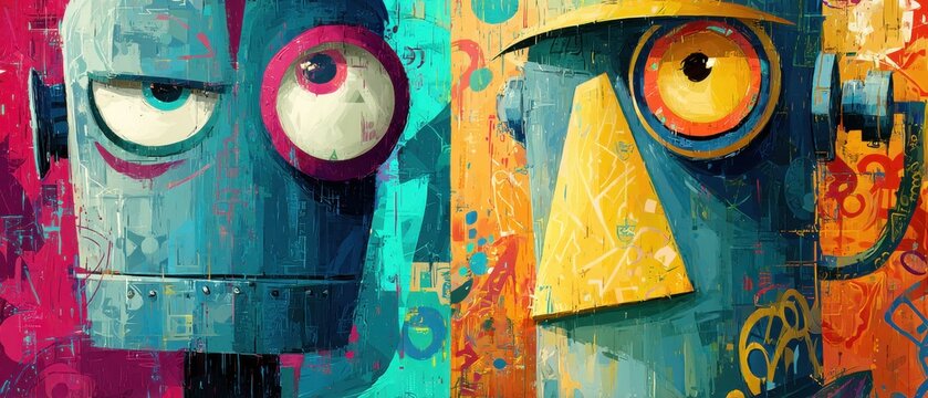 Colorful abstract painting of two whimsical robots with expressive eyes and geometric shapes Concept of artificial intelligence, imagination, and modern art