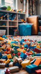 Obraz premium Colorful Plastic Building Blocks Scattered On Carpet In Playroom Photo