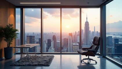Large windows, panoramic city view from office, perspective, interior, panoramic