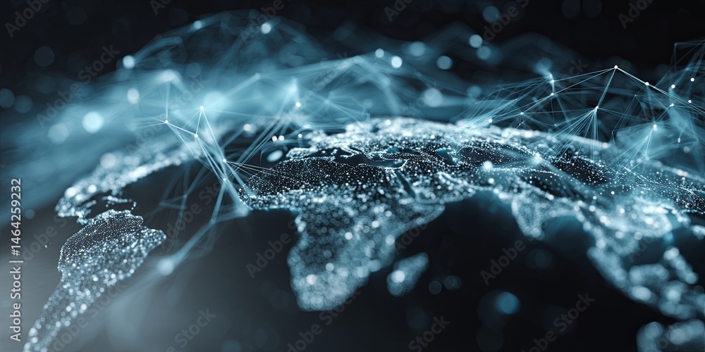 Aufkleber Global Network Connection with Lines and Dots Representing Earth in a High-Tech Style, Digital World Map Concept with Data Flow Visualization
