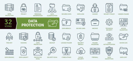 Data Protection and Cybersecurity Icon Set: 32 Digital Security Line Illustration