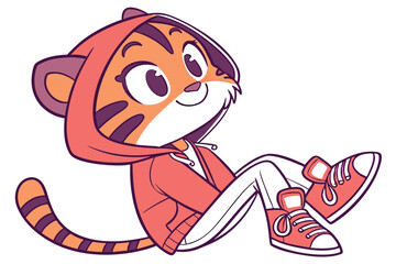 34 Cute cartoon tiger cub, anthropomorphic, wearing hoodie and sneakers, orange and black stripes, big expressive eyes, smiling, playful pose, cheerful character design, children's book illustration s