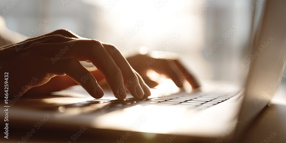 Poster a Person s Hand Typing on a Laptop Keyboard in a Bright Workspace with Soft Natural Light and a Blurred Background Effect