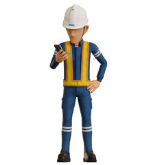Isolate industrial worker is using the mobile phone on transparent background