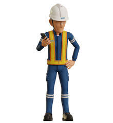 Isolate industrial worker is using the mobile phone on transparent background