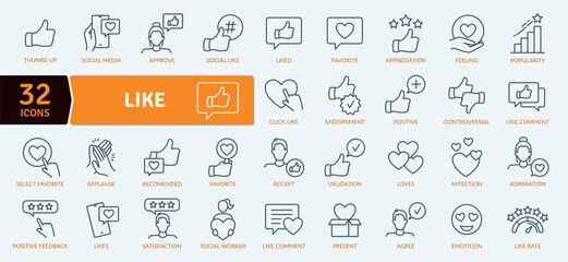 Social Media Engagement Icon Set: 32 Like and Approval Line Illustrations
