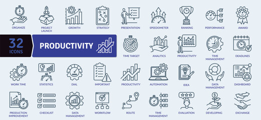 Productivity and Business Management Icon Set: 32 Professional Line Illustrations