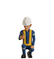 Isolate industrial worker is using the mobile phone on transparent background