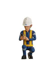 Isolate industrial worker is using the mobile phone on transparent background