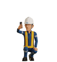 Isolate industrial worker is using the mobile phone  to taking a photo on transparent back ground