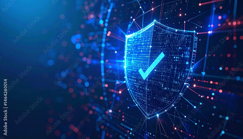 Poster a digital shield symbolizing data security and protection in a cybernetic environment