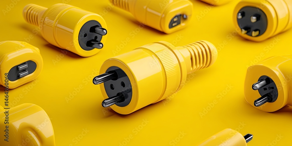 Poster electric plug icons with yellow background, symbolizing connection and power source for energy and t