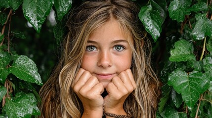 Young girl with long hair surrounded by lush green leaves, smiling gently