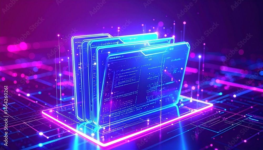 Aufkleber digital file folders glowing with futuristic neon lines, representing data storage and management in