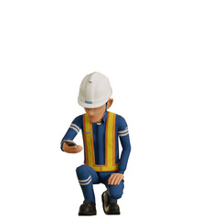 Isolate industrial worker is using the mobile phone  to taking a photo on transparent back ground