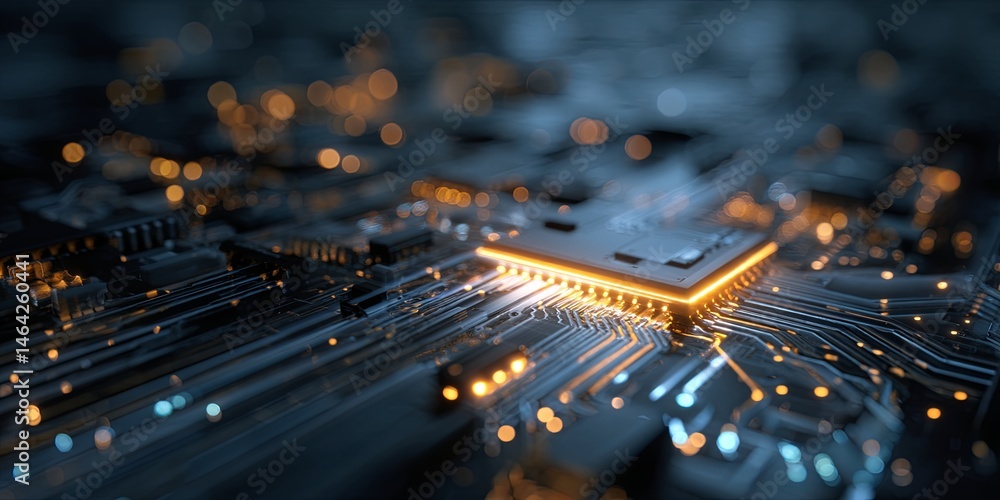 Leinwandbilder Futuristic Abstract Technology Background with Circuit Board Design and Bright Glowing Center for Digital Innovation and Tech Concepts